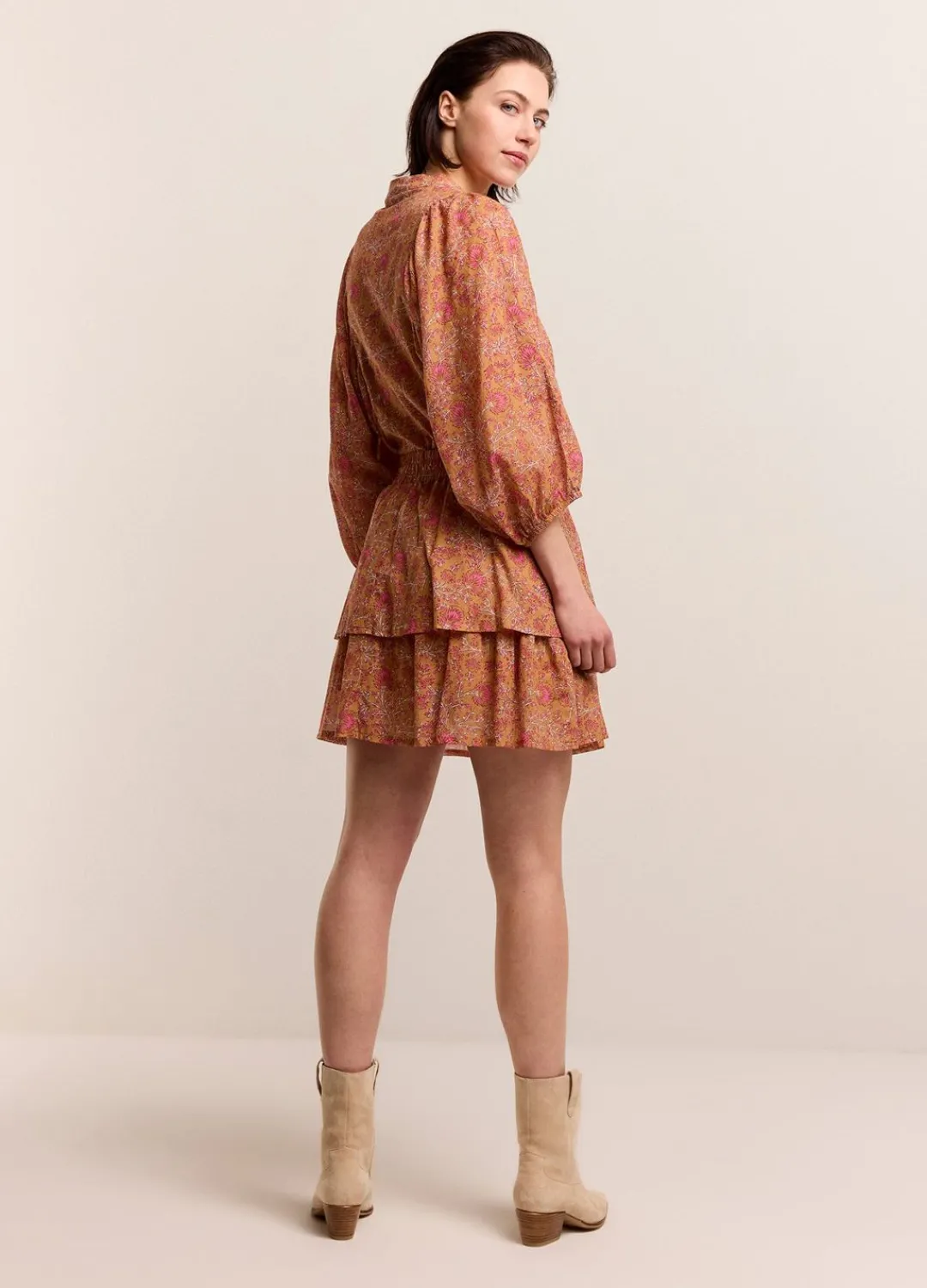 Fashion Summum Blouse With Pleated Balloon Sleeves Brown