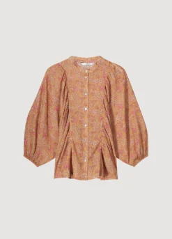 Fashion Summum Blouse With Pleated Balloon Sleeves Brown
