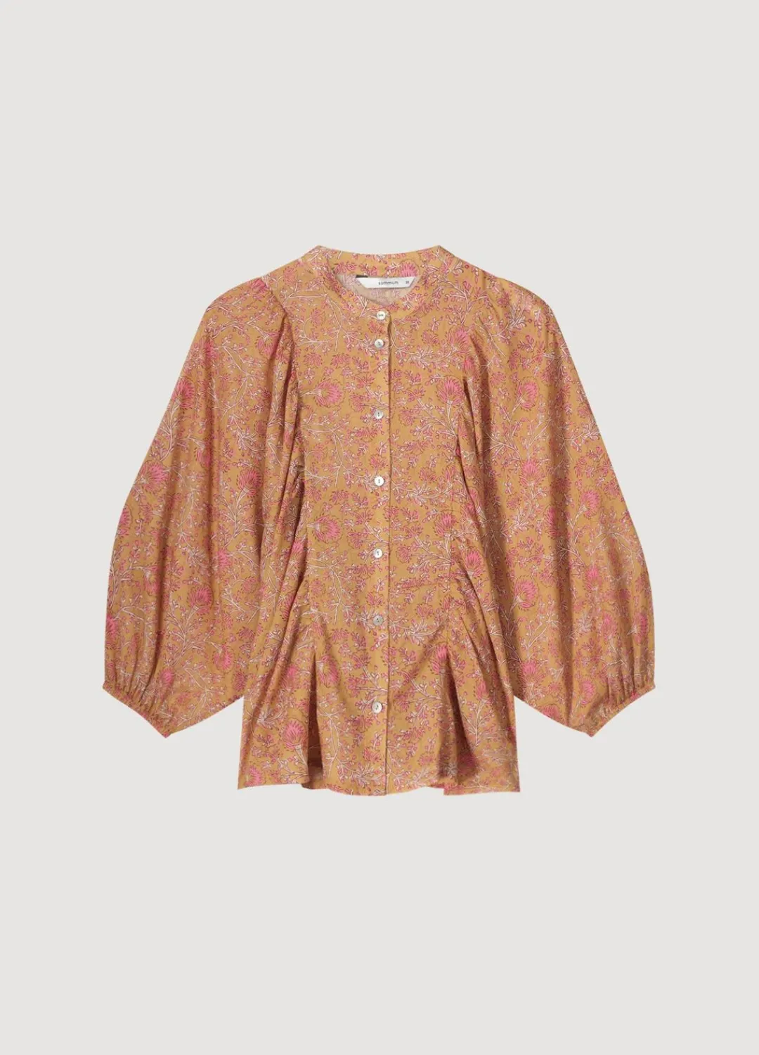 Fashion Summum Blouse With Pleated Balloon Sleeves Brown