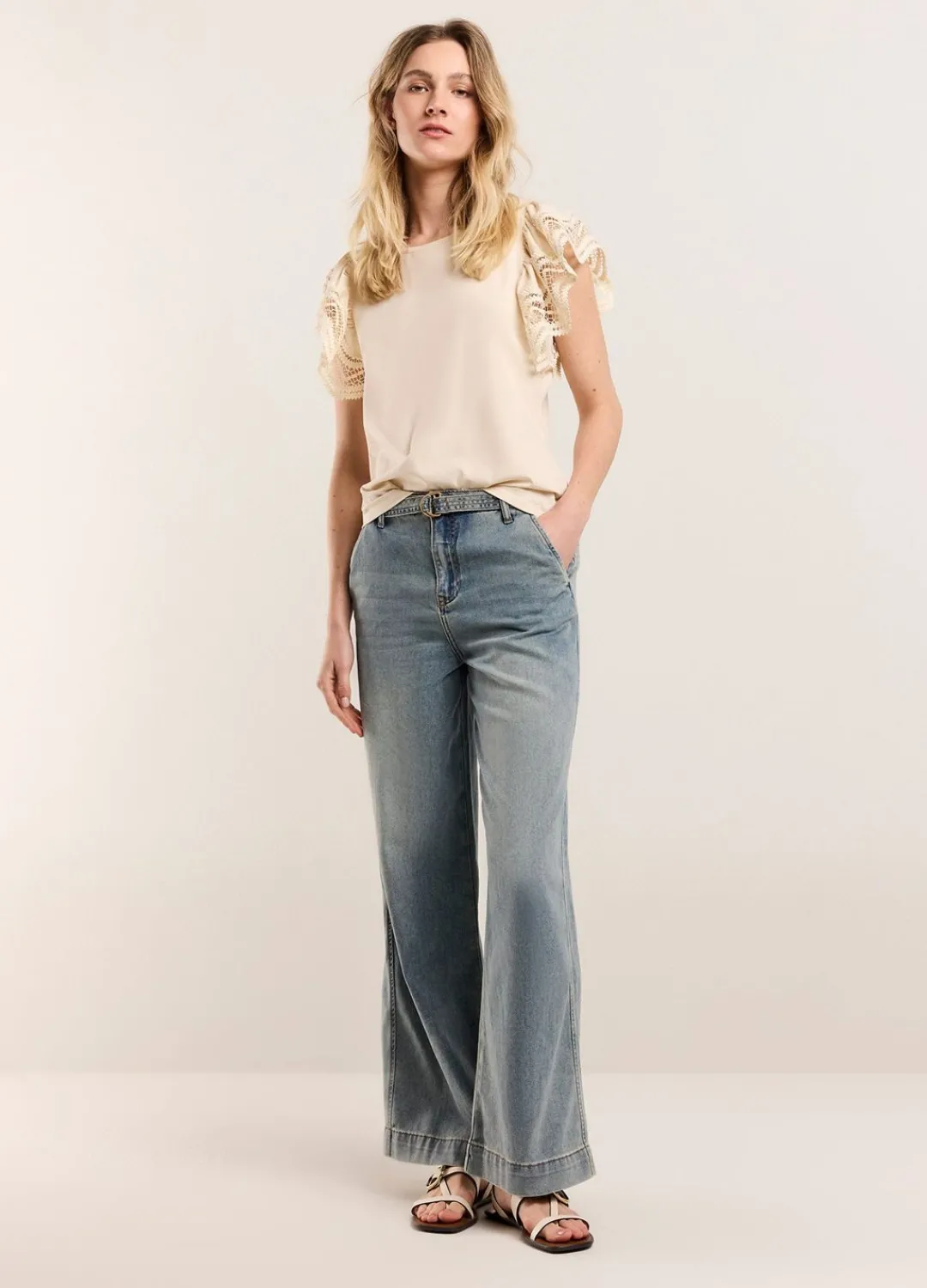 Fashion Summum Jersey Top With Lace Creme
