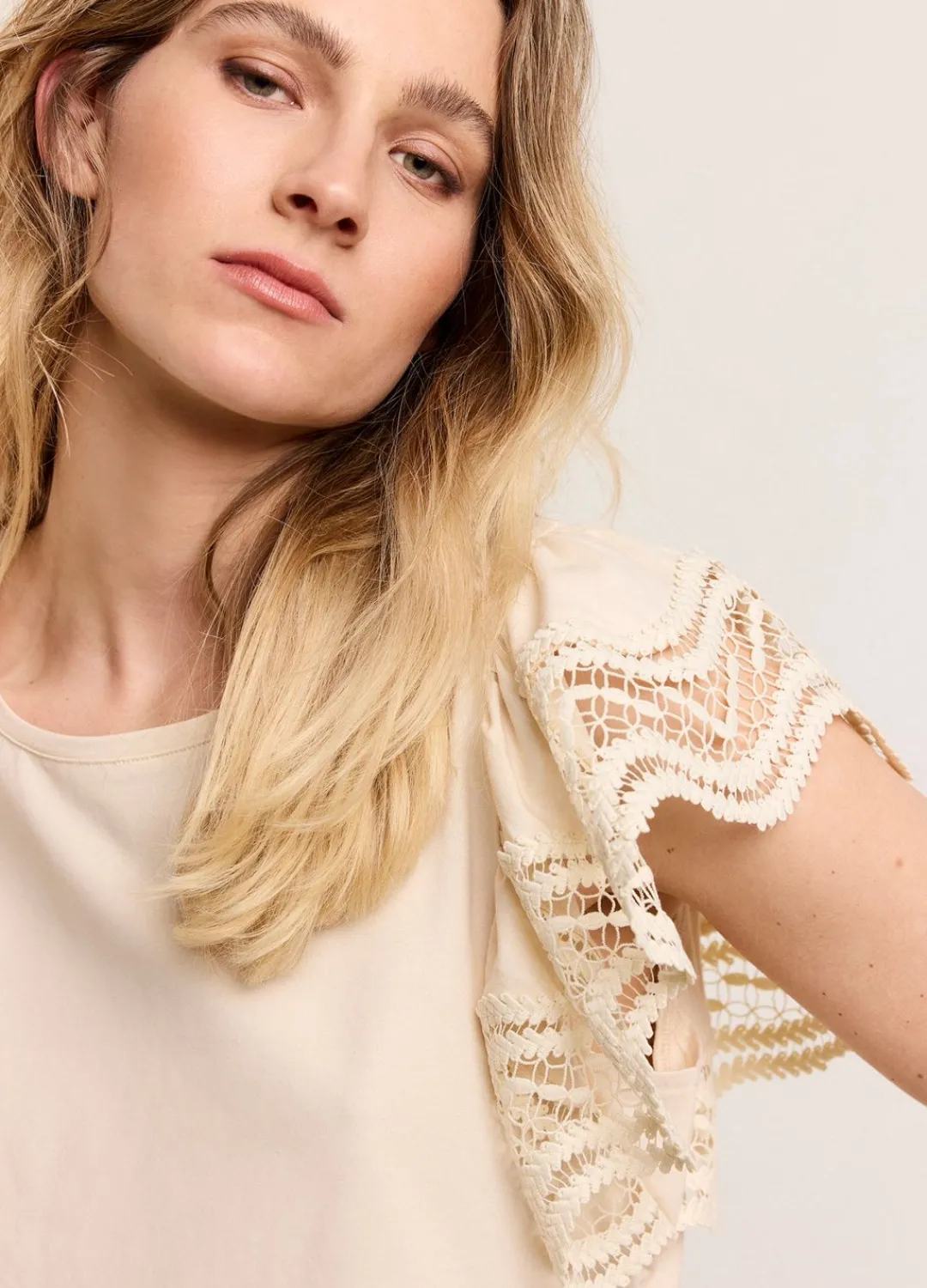 Fashion Summum Jersey Top With Lace Creme