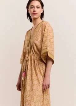 Hot Summum Kimono Dress With Shimmering Piping Brown