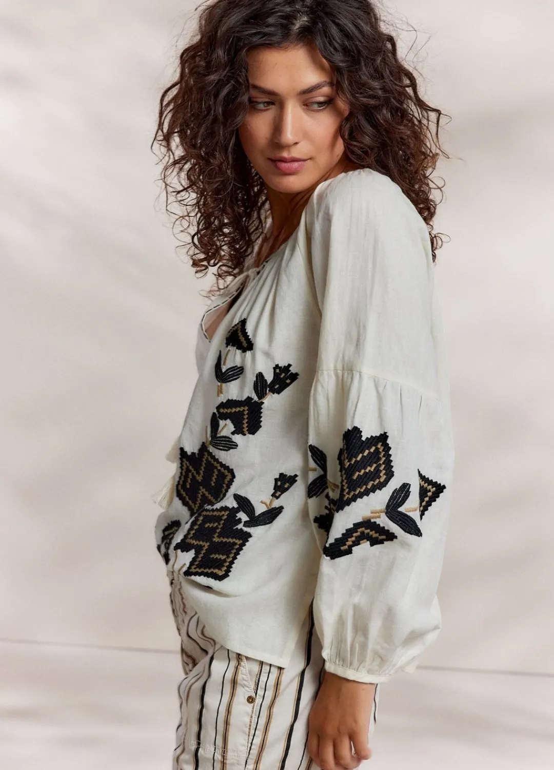 Outlet Summum Linen Blend Blouse Creme