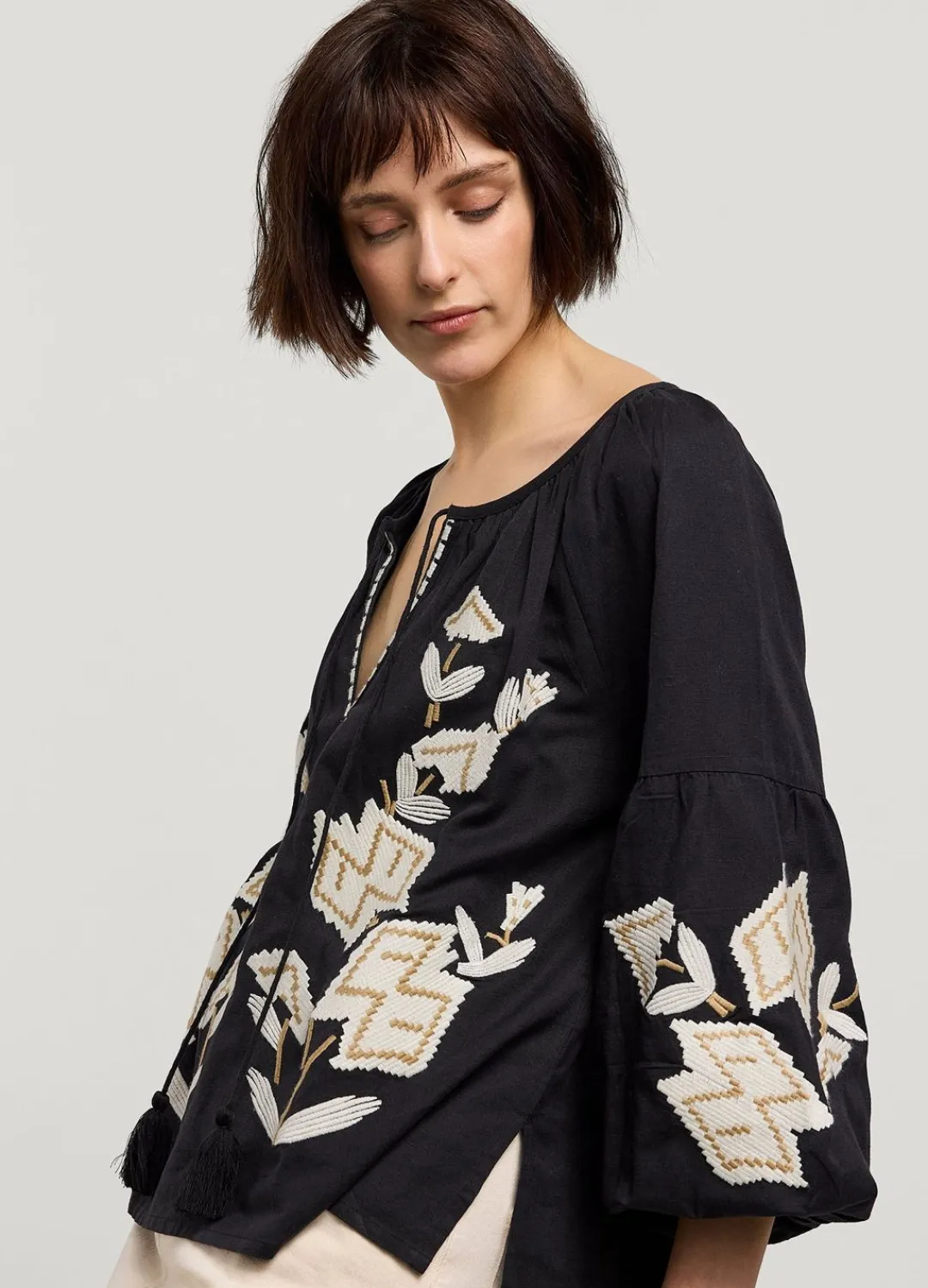 Clearance Summum Linen-Blend Blouse Black