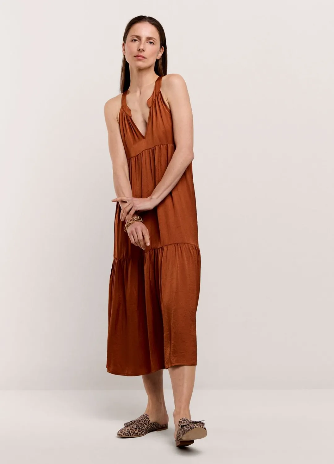 New Summum Shiny Striped Dress Brown