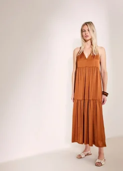 New Summum Shiny Striped Dress Brown