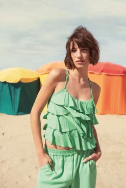 Best Summum Spaghetti-Strap Top With Ruffles Green