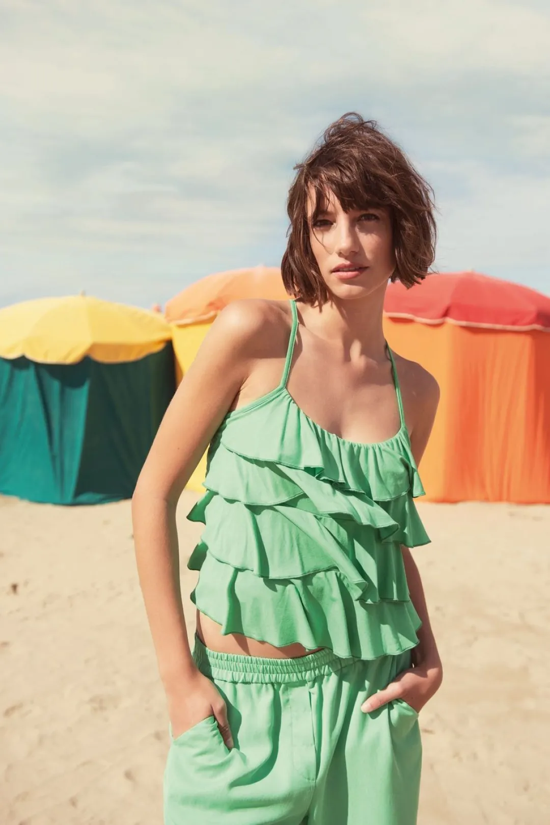Best Summum Spaghetti-Strap Top With Ruffles Green
