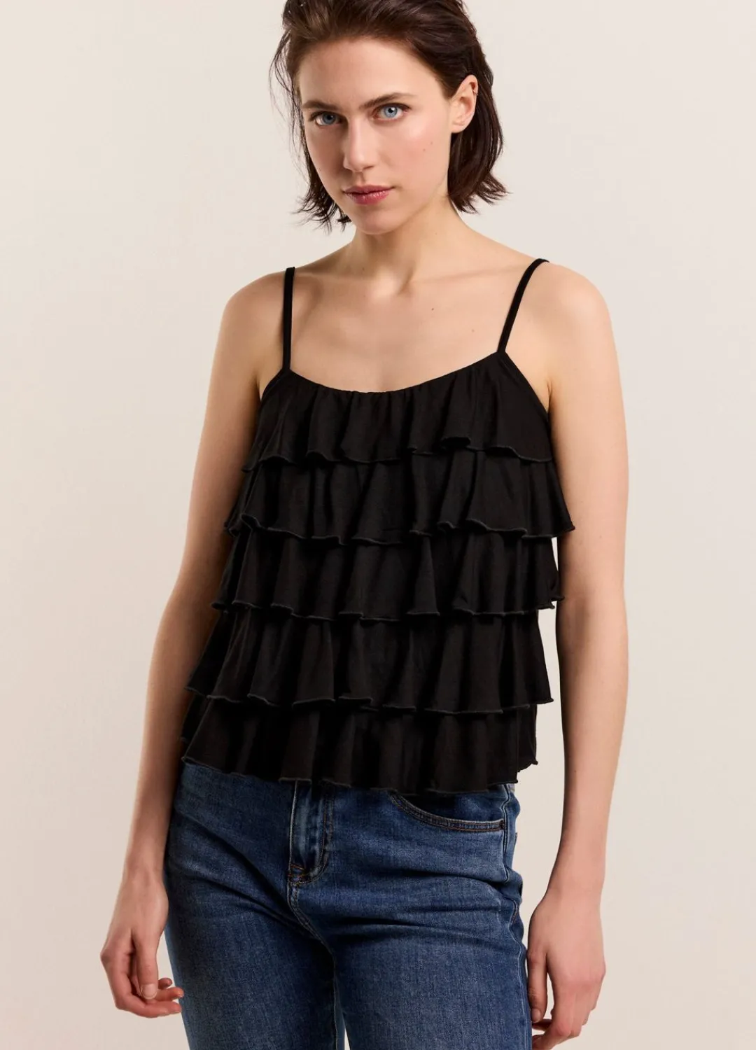 Clearance Summum Spaghetti-Strap Top With Ruffles Black