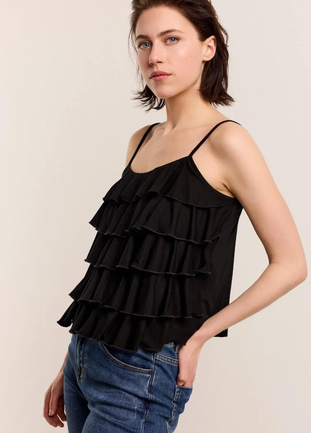 Clearance Summum Spaghetti-Strap Top With Ruffles Black
