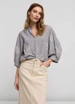 New Summum Striped Top With Flowers Creme