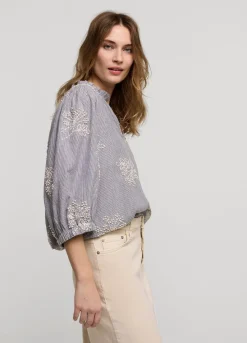 New Summum Striped Top With Flowers Creme