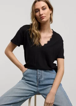 Fashion Summum V-Neck Top With Lace Black